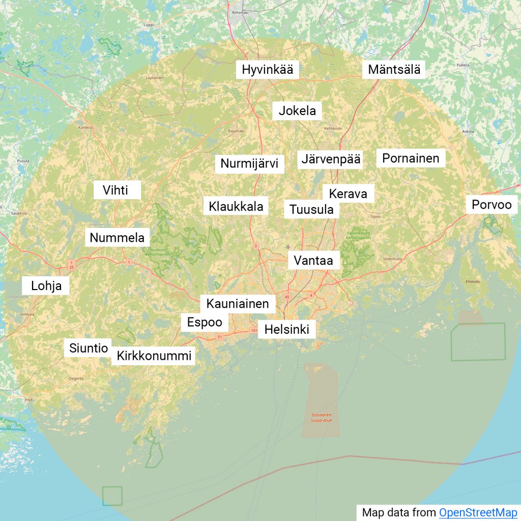 LaatuPuhtaus palvelualue kartalla: Helsinki, Espoo, Vantaa, Kauniainen, Kirkkonummi, Siuntio, Lohja, Nummela, Vihti, Klaukkala, Tuusula, Kerava, Järvenpää, Nurmijärvi, Jokela, Hyvinkää, Mäntsälä, Pornainen ja Porvoo.